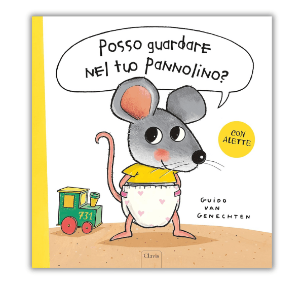 Togliere il pannolino. Copertina del libro "Posso guardare nel tuo pannolino?" di Guido Van Genechten. Un topolino con pannolino parla mentre tiene un giocattolo vicino.