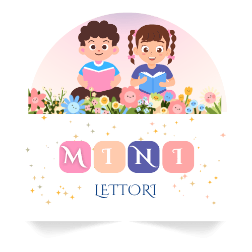 Logo di Mini Lettori con due bambini che leggono tra fiori colorati.