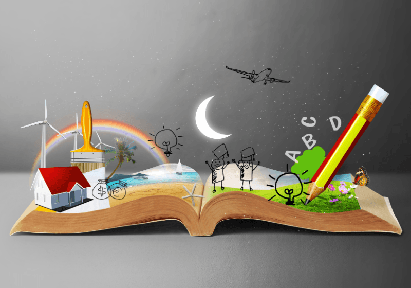 Libro aperto con elementi illustrati che rappresentano creatività, apprendimento e fantasia.