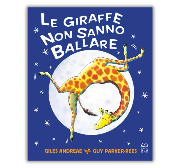 Copertina del libro Le giraffe non sanno ballare con la giraffa Zelda che danza davanti alla luna piena