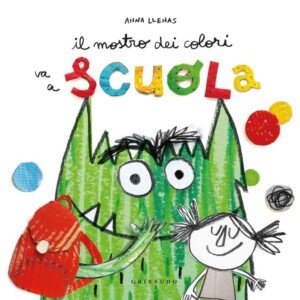 Vedi su Amazon Copertina del libro "Il mostro dei colori va a scuola" di Anna Llenas, con il mostro verde e uno zainetto rosso.