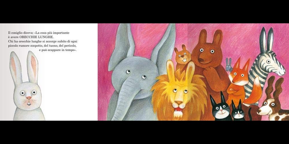 Libro La cosa più importante 3 Illustrazione interna del libro "La Cosa Più Importante" con un coniglio e altri animali su sfondo rosa.