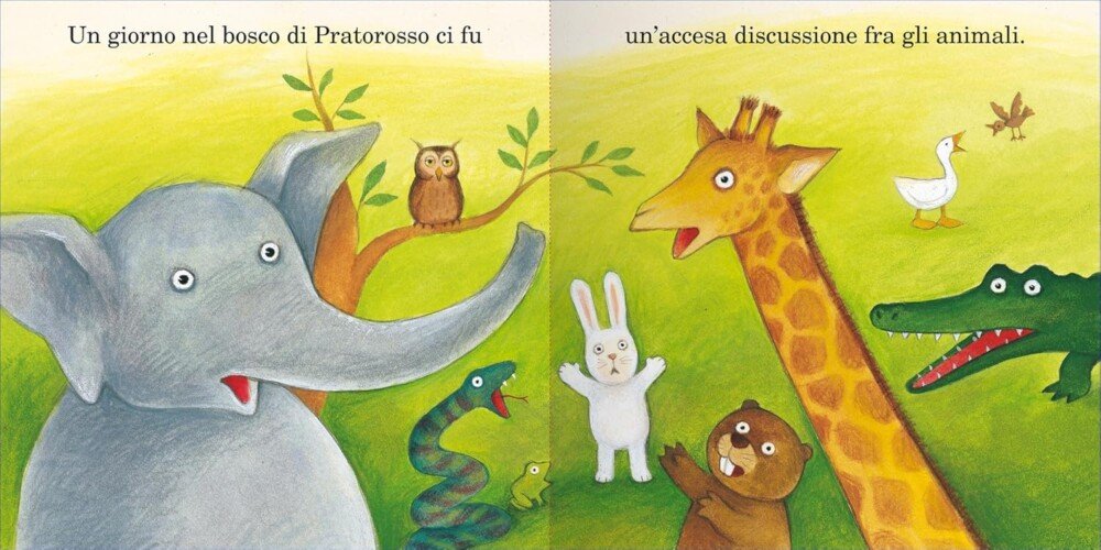 Libro La cosa più importante 2 Illustrazione interna del libro "La Cosa Più Importante". Un elefante, una giraffa, un coniglio e altri animali discutono nel bosco di Pratorosso.