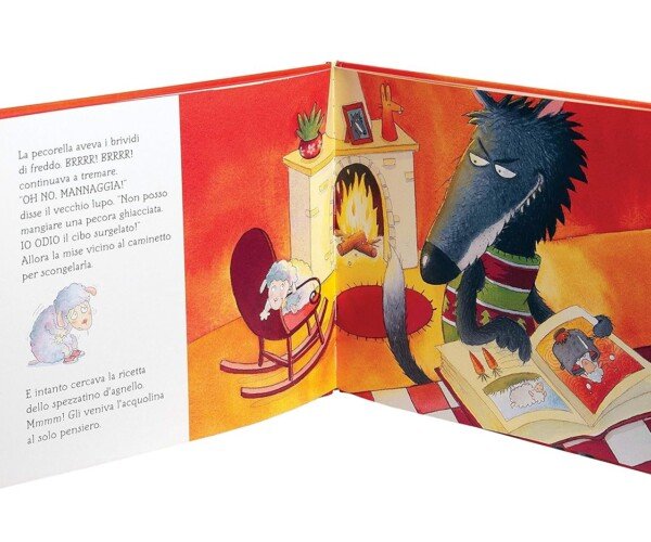 La pecorella che venne a cena: un libro che fa ridere! 2 Pagina interna del libro "La Pecorella che Venne a Cena" con illustrazioni colorate e una scena con il lupo e la pecorella vicino al caminetto.