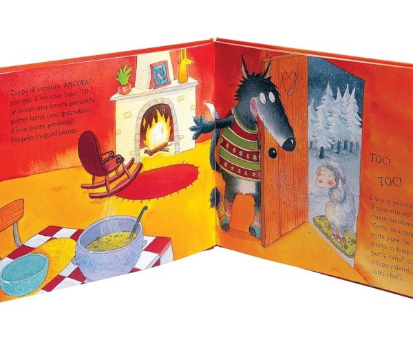 La pecorella che venne a cena: un libro che fa ridere! 3 Illustrazione interna del libro "La Pecorella che Venne a Cena", con il lupo che apre la porta e la pecorella che bussa sotto la neve, creando una scena divertente e coinvolgente.